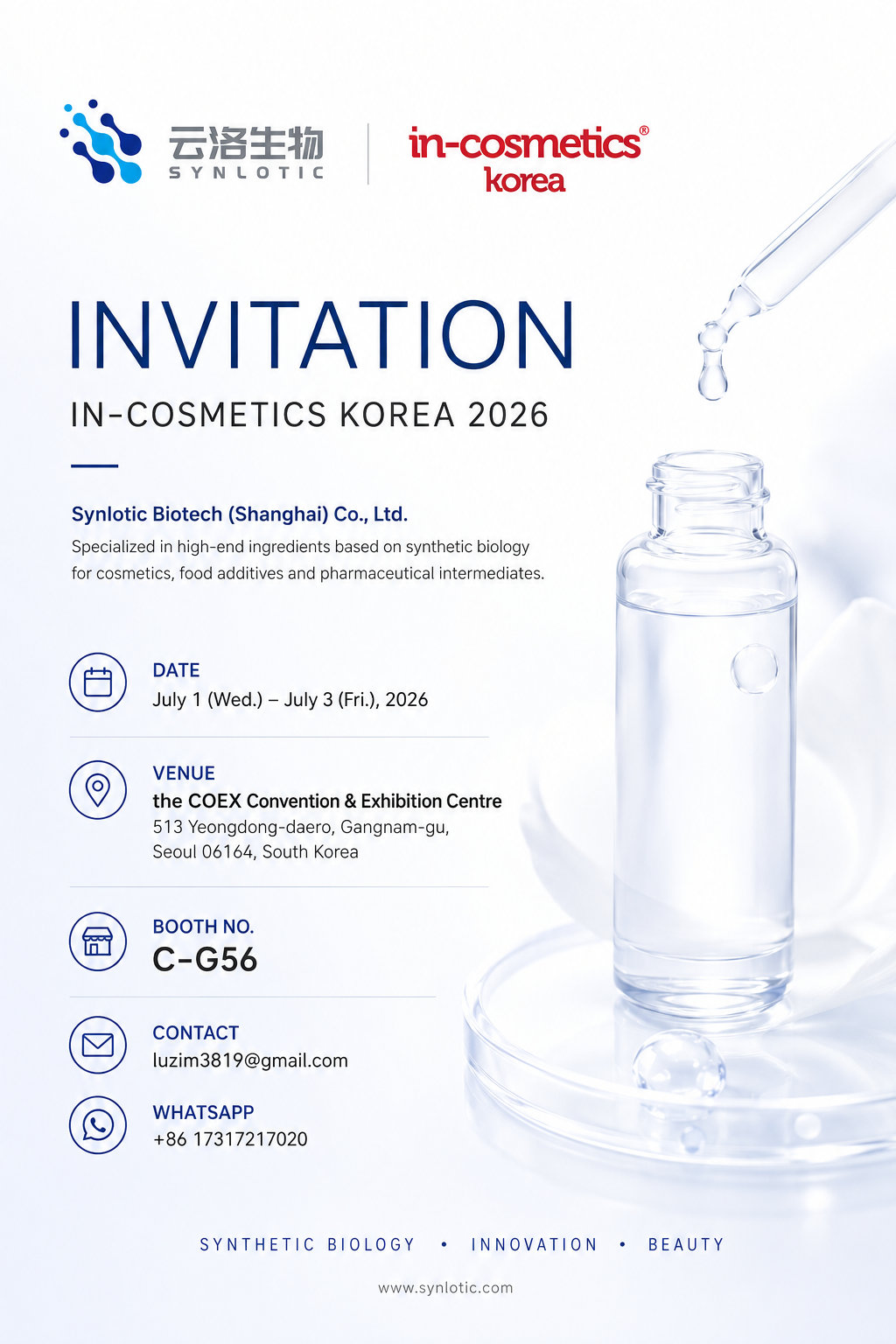 Synlotic Biotech-ek biologia sintetikoko osagai berritzaileak erakutsiko ditu in-cosmetics Korea 2026-n